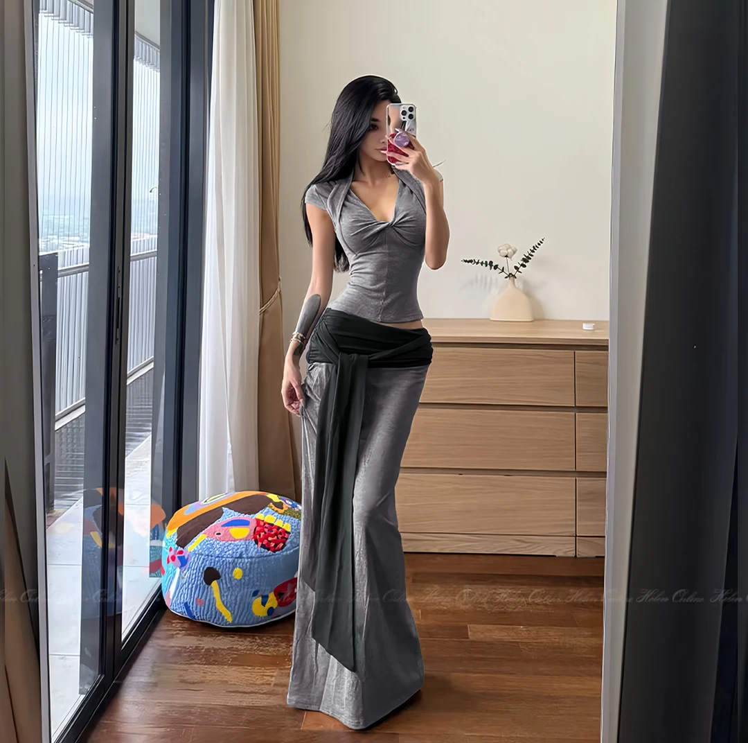 纯欲交叉扭结V领短袖半身裙套装气质辣妹修身显瘦绑带设计感长裙