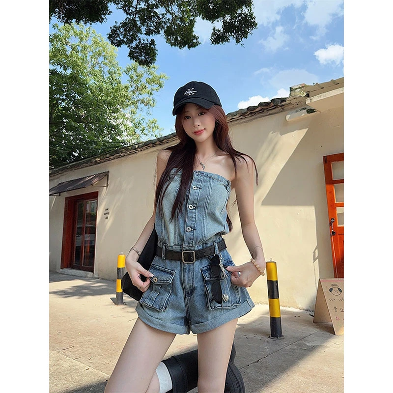 蓝色牛仔短裤女夏季新款气质辣妹风设计感修身显瘦连体裤连身短裤