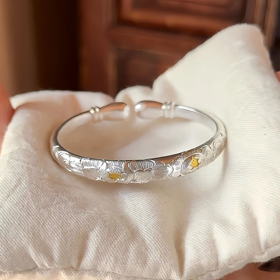 足银手镯 牡丹-银手镯-足银999.9手工雕刻克古风古法新年礼物百搭商品图