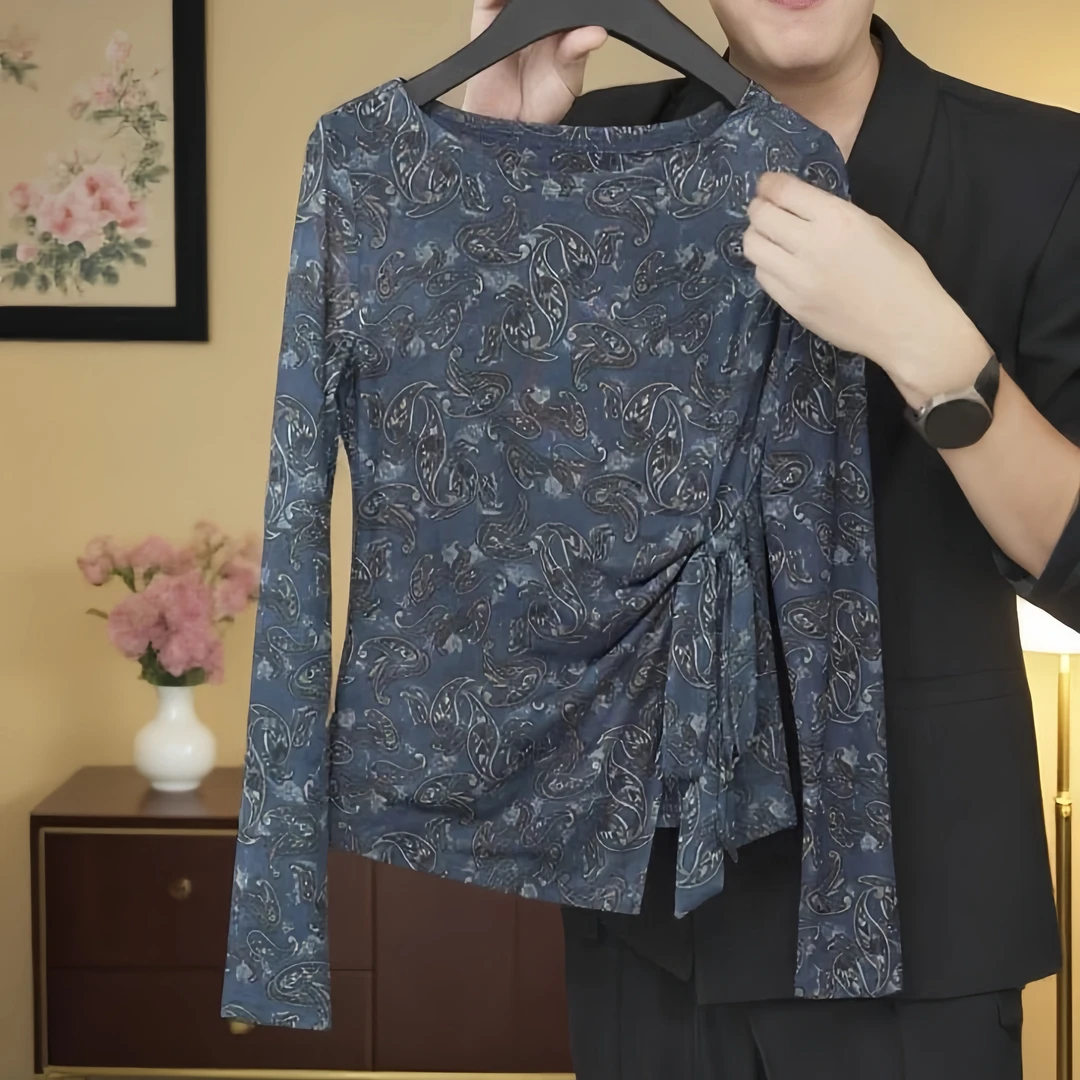 【腰果逸蓝】2025早秋季新款气质百搭长袖T恤女小众设计感休闲上衣