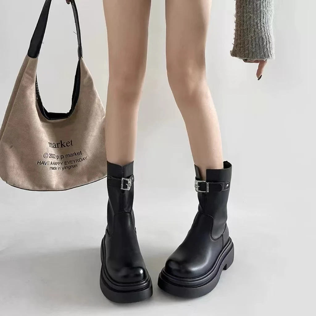 秋冬新款韩版通勤瘦瘦简约粗跟裸靴短靴H930(加绒)