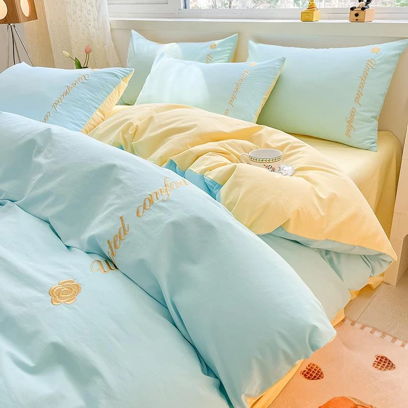 水星家纺适用A类纯棉床上四件套全棉100简约高级感刺绣被套裸睡床