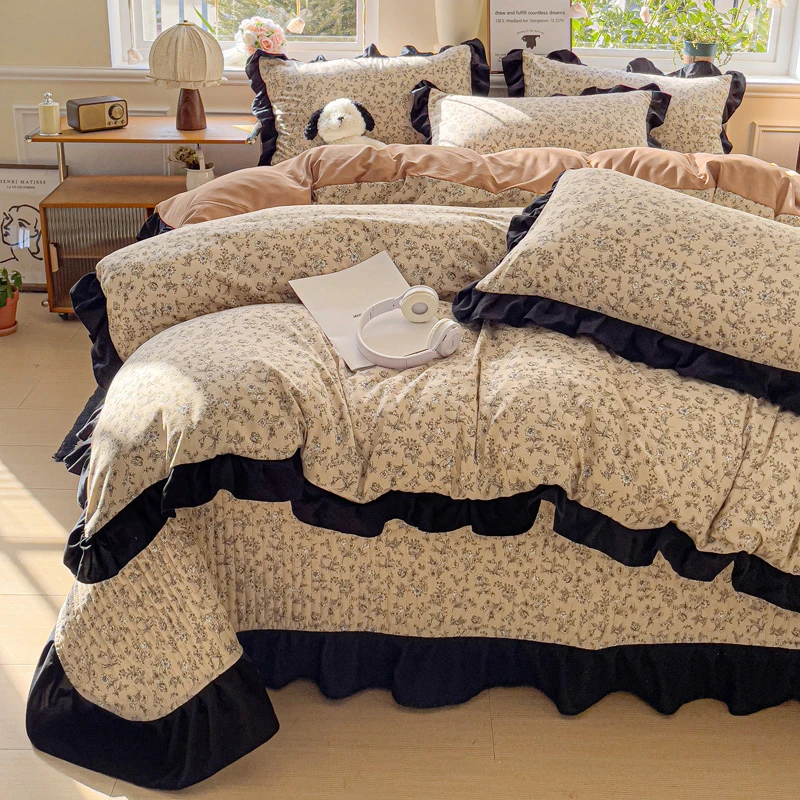 新款赫本风水洗亲肤四件套床盖夹棉加厚柔软床上用品公主风韩版