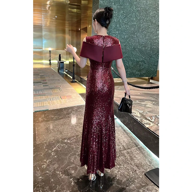 2024早秋新款时尚高级感亮片拼接缎面披肩优雅婚礼宴会礼服连衣裙