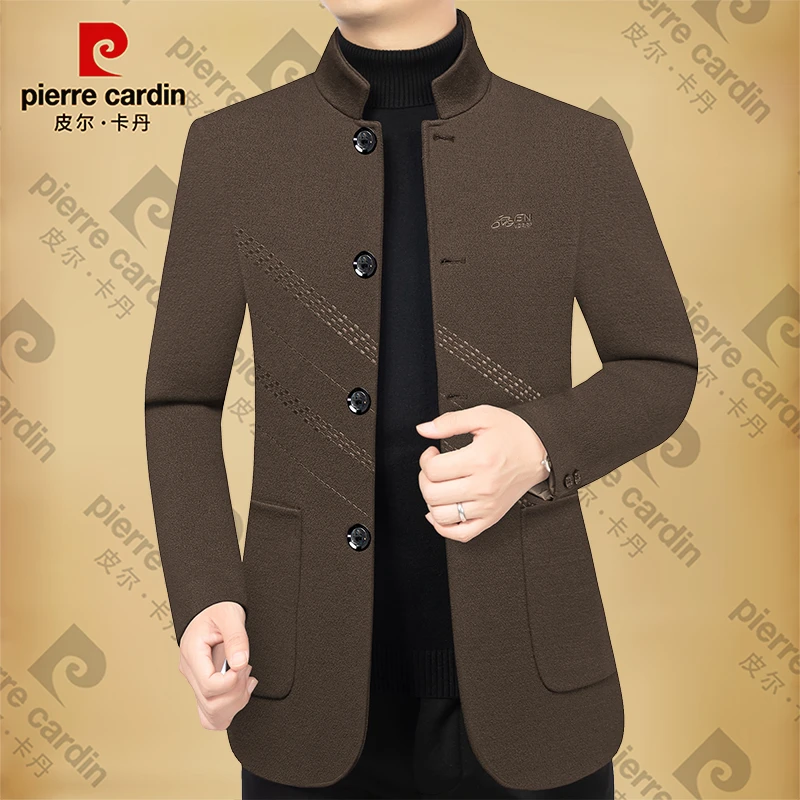 皮尔卡丹男士新款商务休闲立领加绒加厚男装外套立领夹克中山装潮