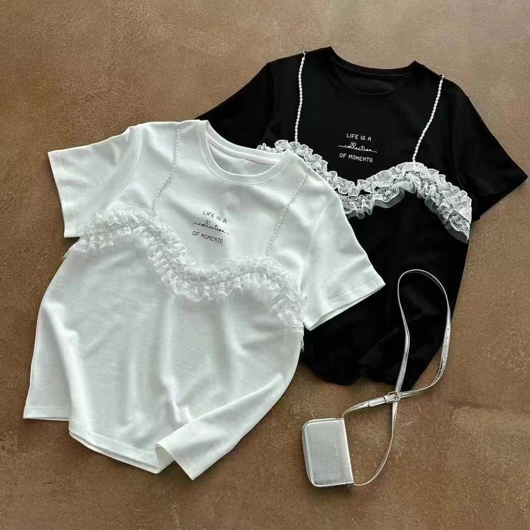 2025时尚假两件蕾丝拼接t恤宽松短袖宽松显瘦减龄印花上衣女士