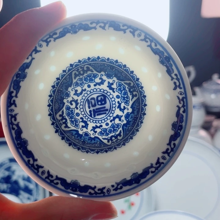 青花玲珑3寸小碟福字