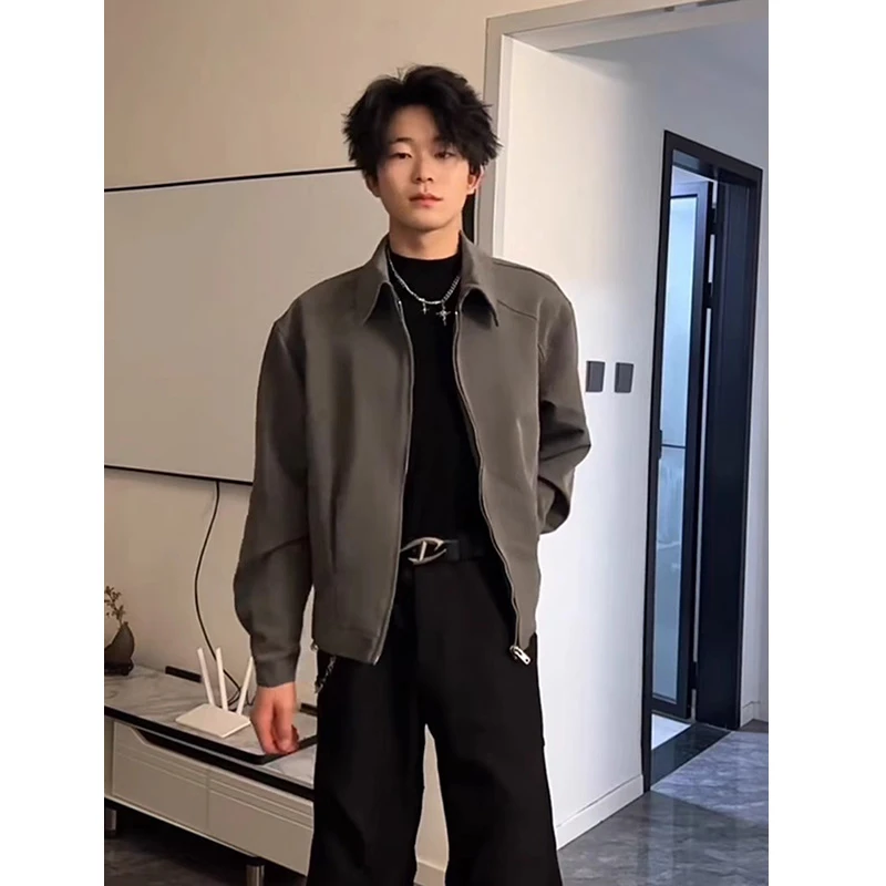 灰色痞帅翻领外套男春秋cleanfit男士休闲西装短款底特律行政夹克