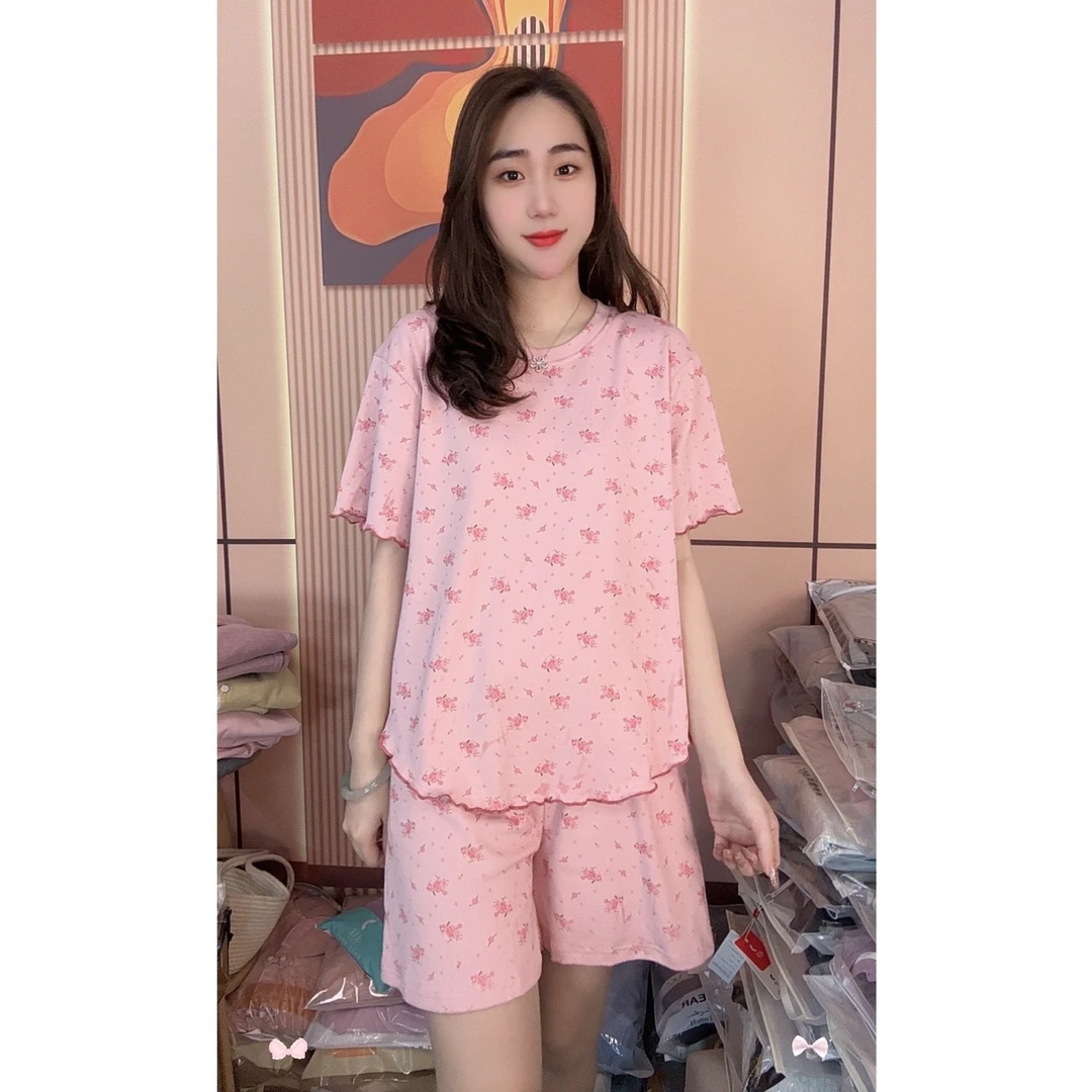 睡衣女夏季纯棉新款短袖短裤清新时尚家居服套装（晕染粉花）