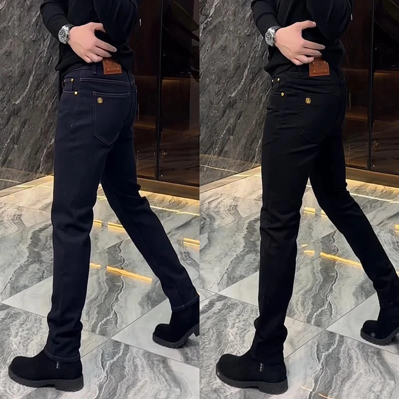 男士高档欧货纯色牛仔裤春秋轻商务简约休闲裤修身显瘦小直筒裤男