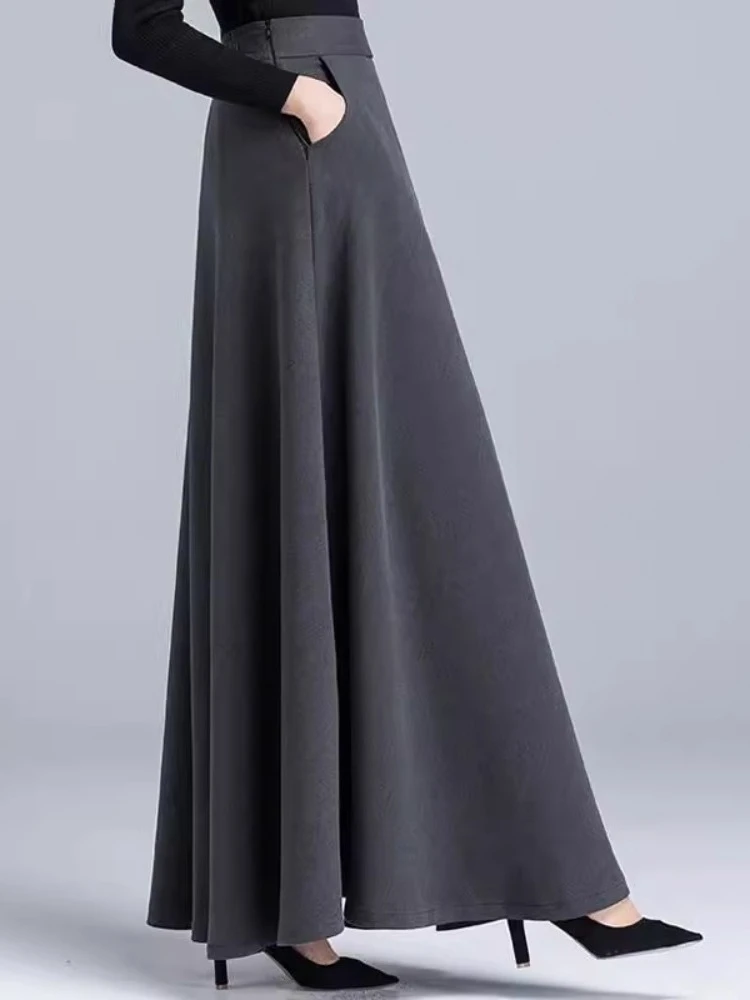 冬季毛呢长裙半身裙加厚a字裙高腰大摆长裙纯色大码呢子冬长裙女