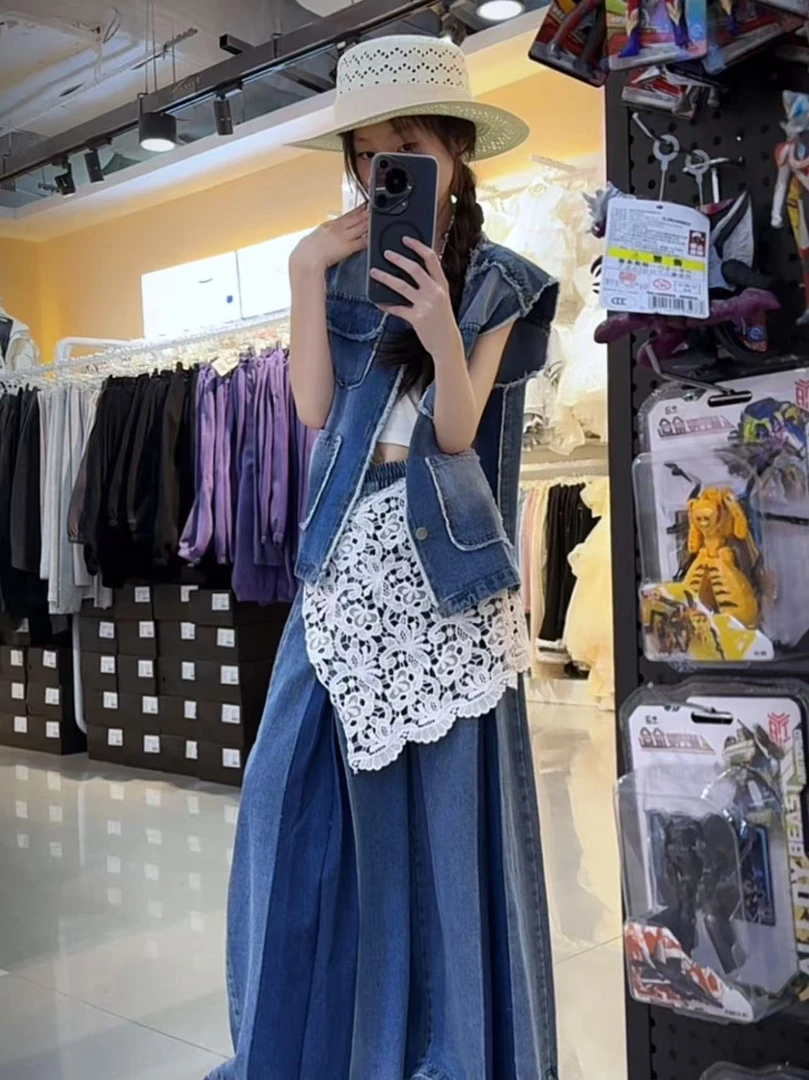 2025女童装夏季新款韩版潮时尚休闲百搭渐变毛边牛仔马甲套装时髦