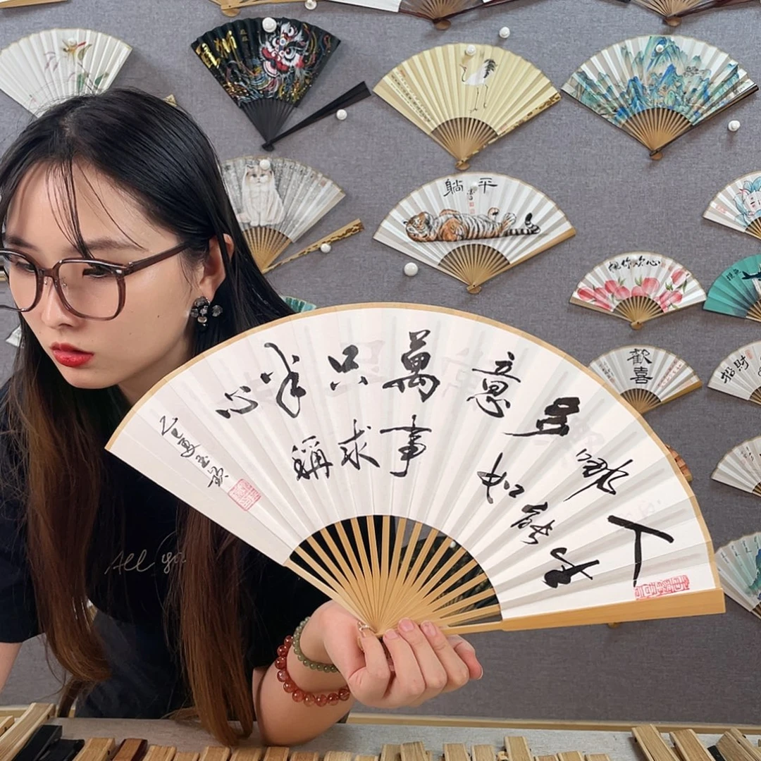 国画8寸玉竹-纯手绘-文玩扇骨（默认粘好）