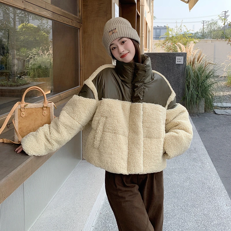 TIANXIAOER/甜小二羽绒服女冬装短款羊羔毛拼接小香风个子白鸭绒