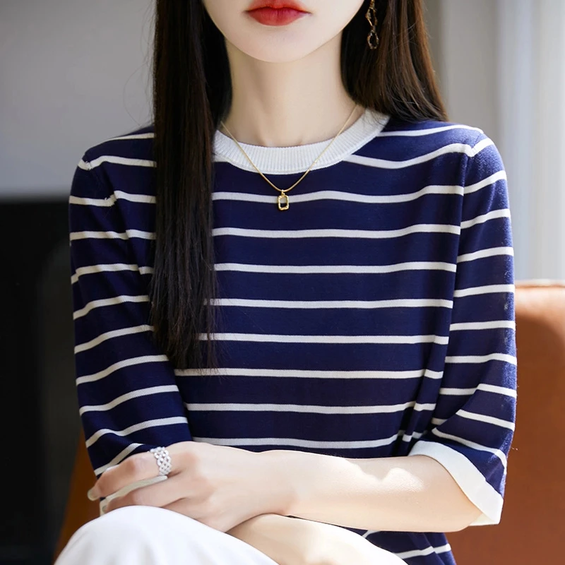 .经典圆领撞色条纹层次感圆领短袖针织衫T恤半袖上衣