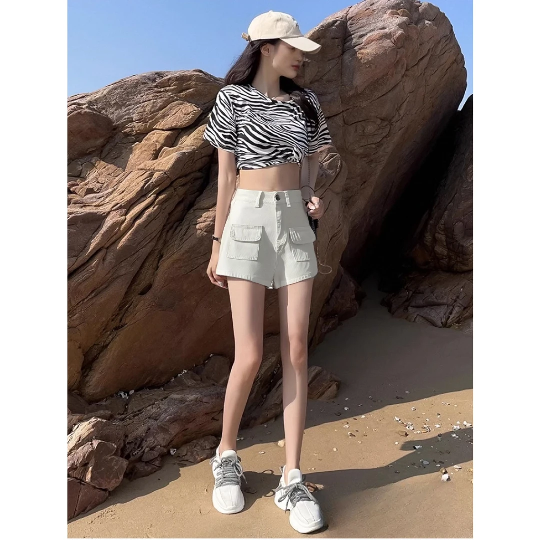 1669#欧美式高腰牛仔裤子夏季口袋a字显瘦显腿长短裤女潮