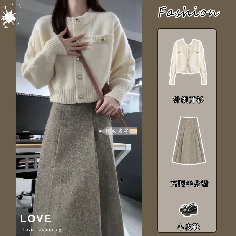 爆款秋天皮鞋女秋冬新款感小香风毛衣针织开衫外套高腰显瘦百褶裙