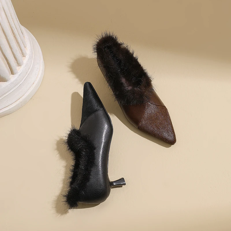 AMEINOR2025秋冬季新款真皮复古拼接尖头加绒高跟女士单鞋3828