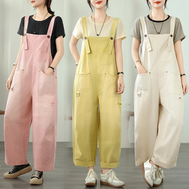 粉色炸街破洞九分背带裤女2025夏季薄款高腰显瘦阔腿连体裤