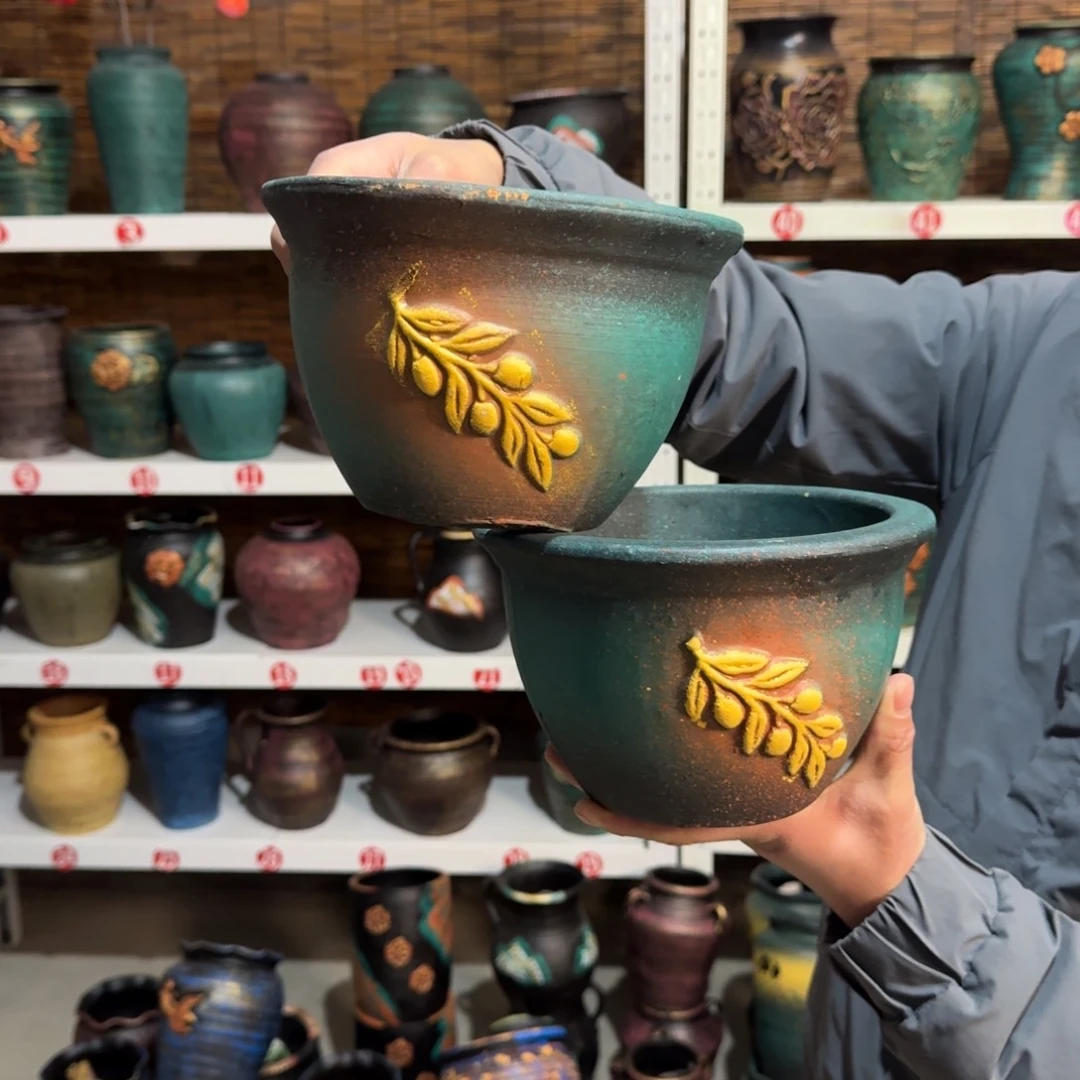 红陶红陶浮雕花盆炸炸炸