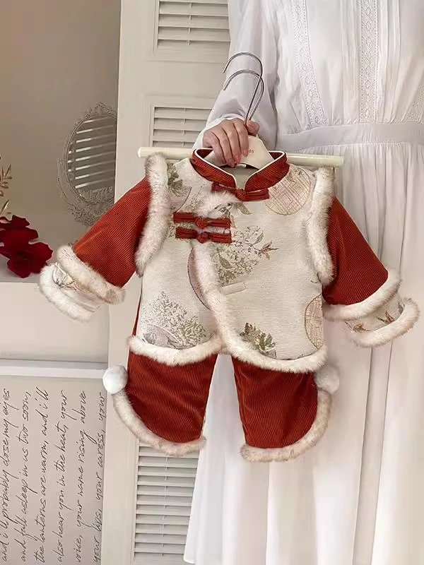 女童国风套装拜年服2025新款秋冬季洋气女宝宝加厚新中式新年服潮