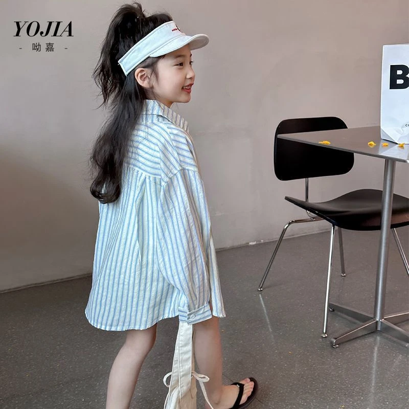 YOJIA女童条纹衬衫夏季新款洋气大童衬衣薄款儿童防晒衣外套