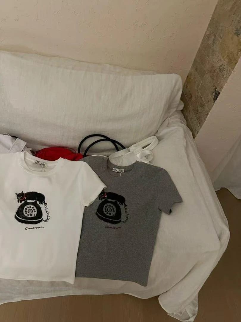 温柔瑶-Uncle Be#韩系百搭钉珠小猫印花短袖T#7365【福福】