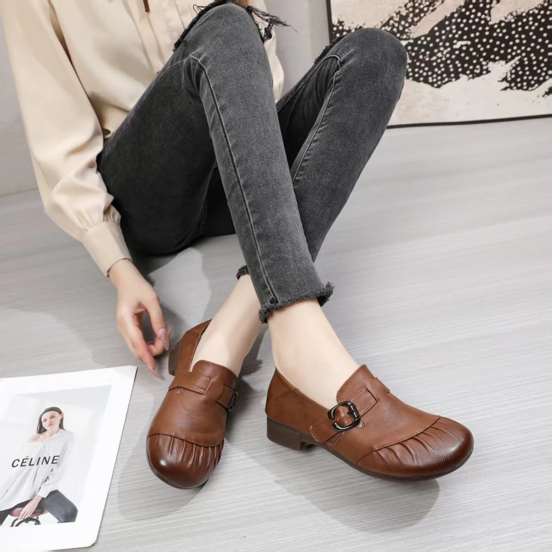 软底软面复古真皮小半跟鞋