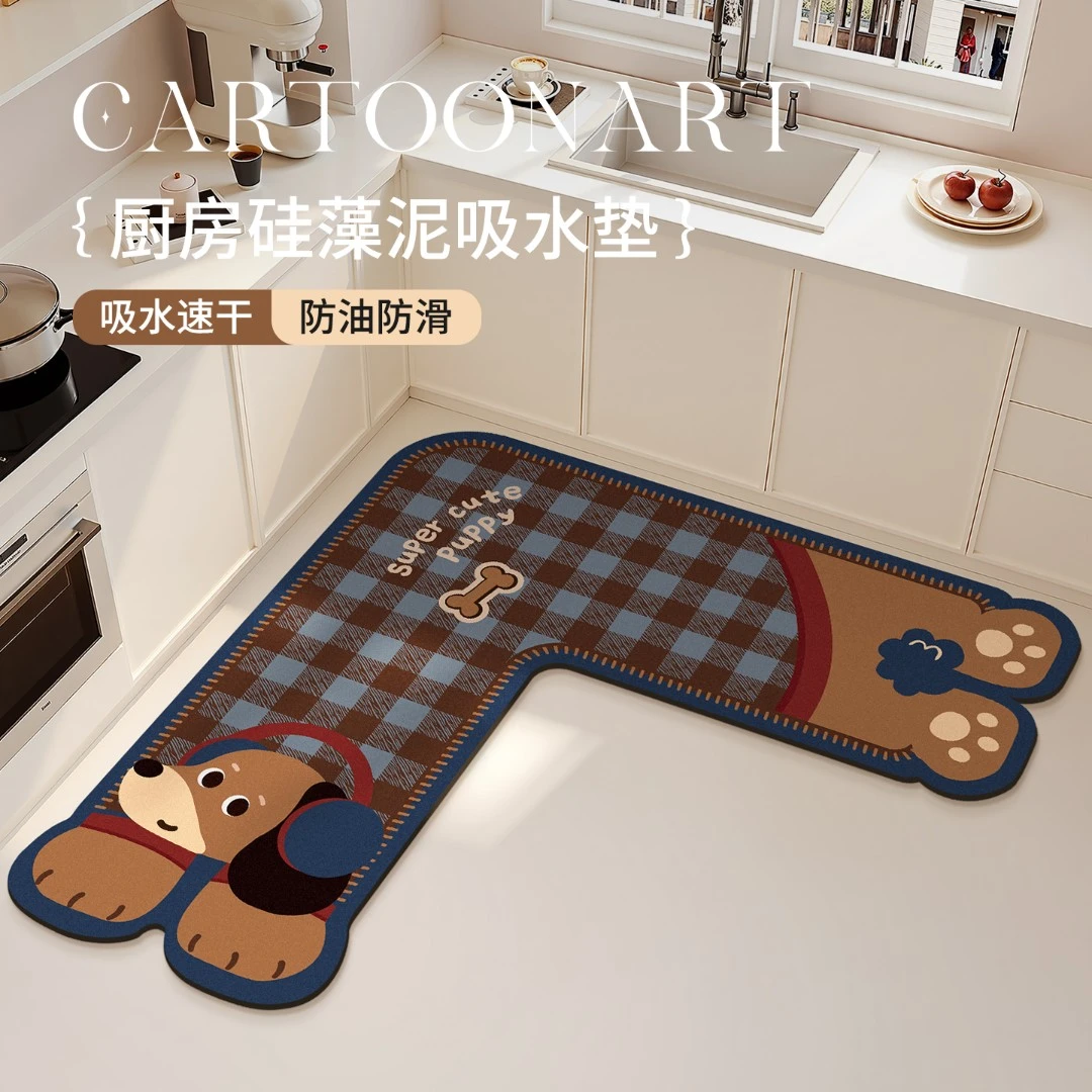 复古美式卡通小狗厨房专用地垫家用L型地毯吸油吸水耐脏防滑脚垫