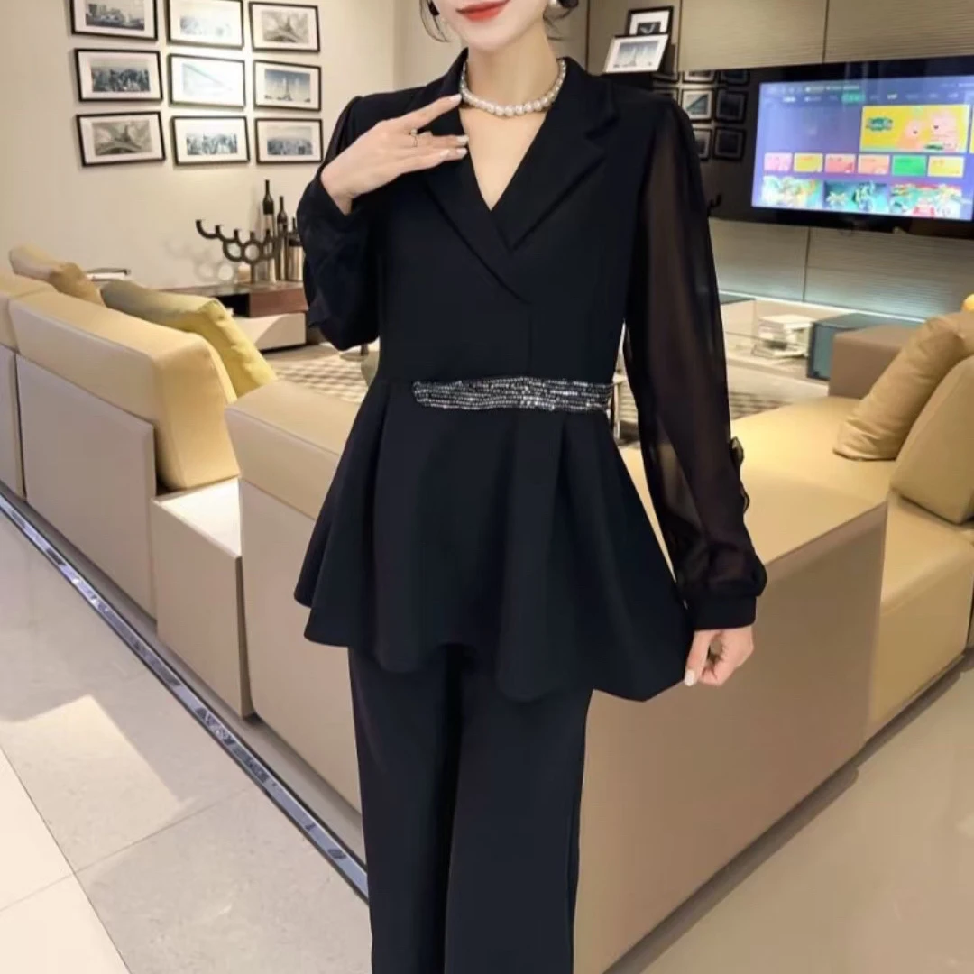 3352-2025年春季新款时尚气质胖MM大码显瘦上衣+裤子两件套