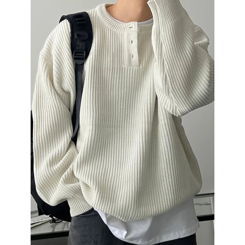 ICCLEK美式复古亨利领针织衫男宽松百搭套头毛衣简约通勤打底衫