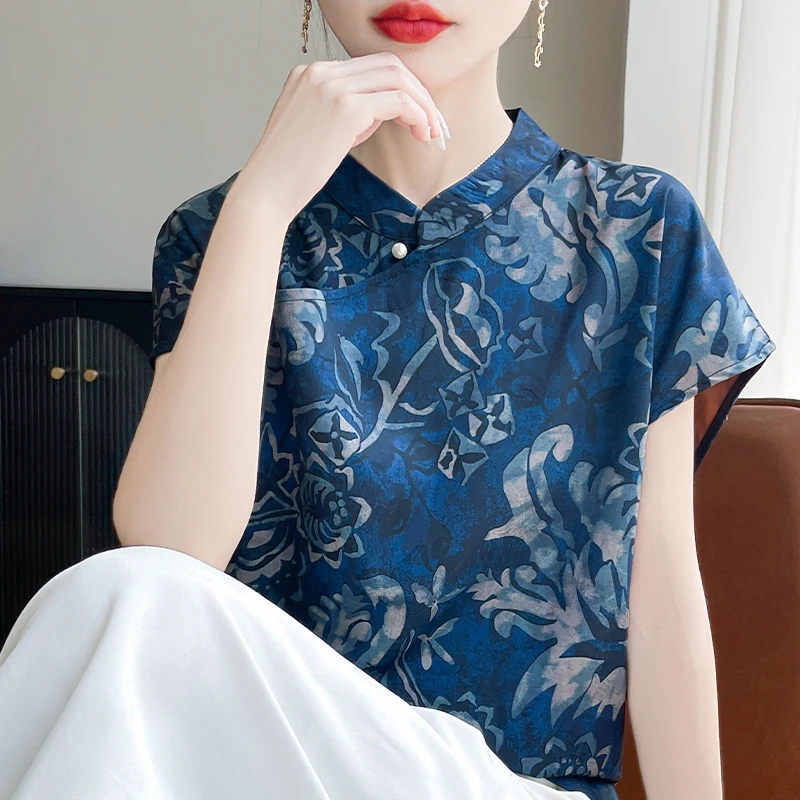 撞色国风立领t恤女2025夏季印花短袖独特设计感上衣