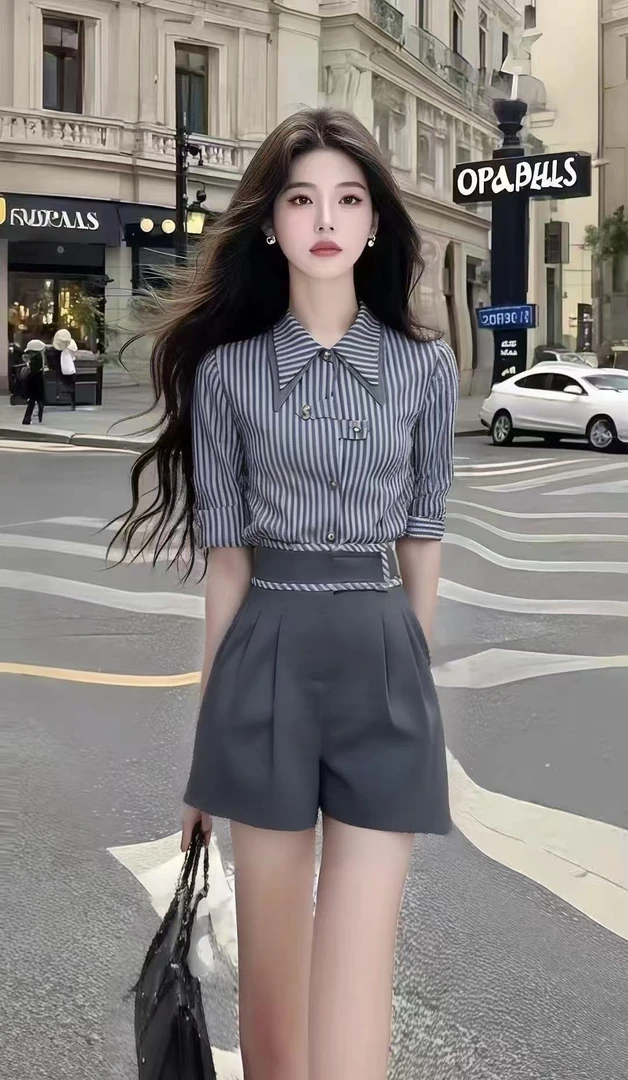 轻奢减龄时尚女装灰色条纹不规则衬衫上衣+高腰百搭短裤女两件套