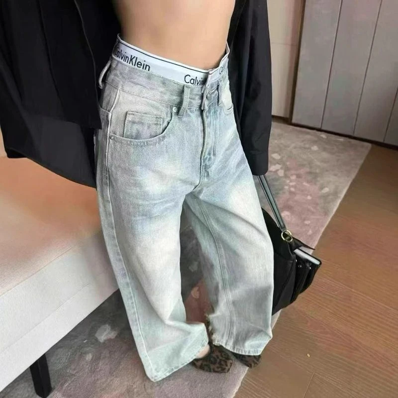 家高腰显瘦夏季C女装阔腿裤磨破新款宽松素颜水洗蓝2025牛仔裤