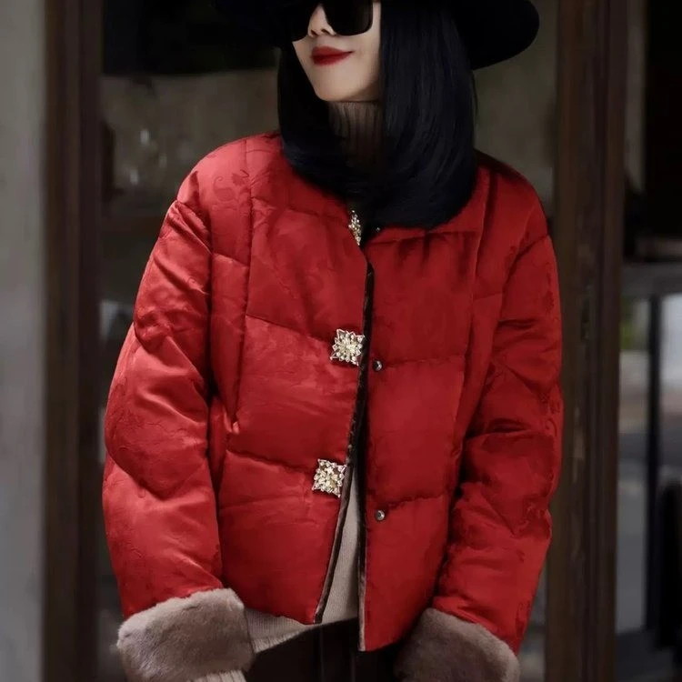 新款时尚国风轻奢立体拼接纯色棉服外套冬季高级感妈妈女装棉衣女