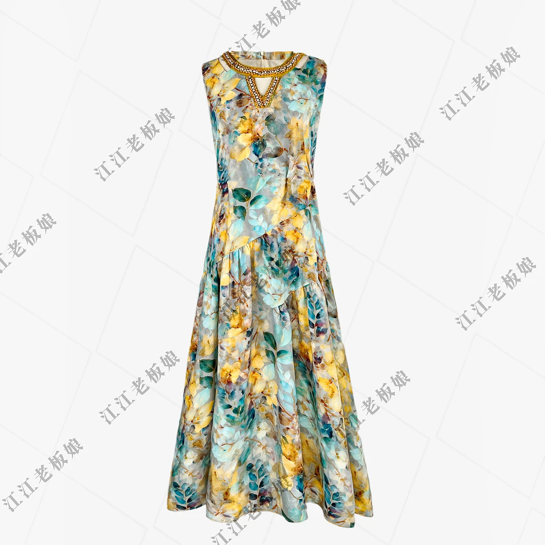 NIMOSHI【南油】缤纷夏日七彩印花休闲度假高腰气质宽松连衣裙Q2238