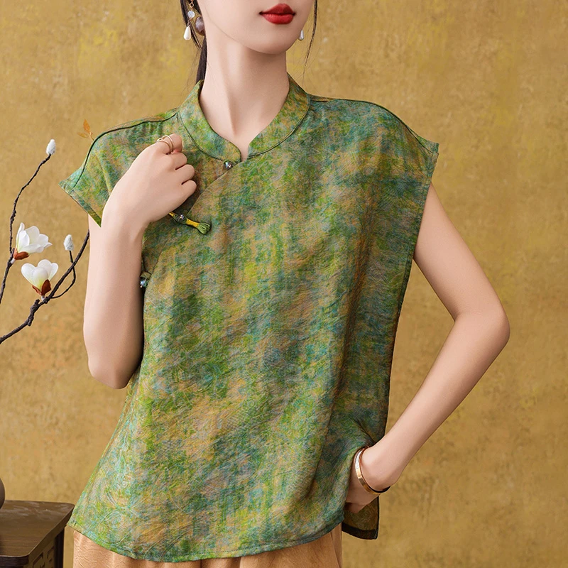 中国风上衣女夏季薄款高端香云纱缎面新中式女装晕染宽松气质上衣