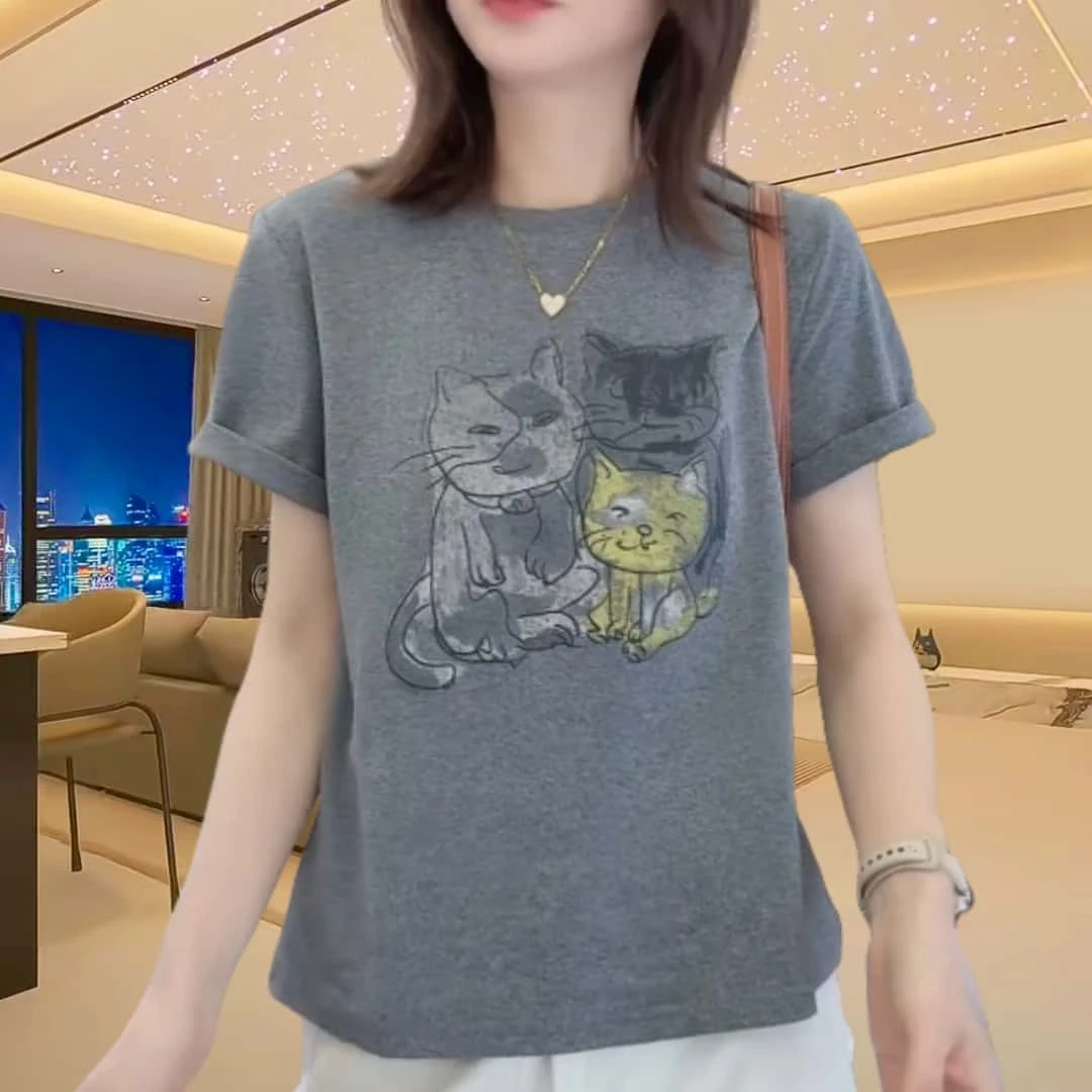 夏季宽松气质卡通猫咪圆领短袖T恤女2025新款休闲时尚百搭上衣