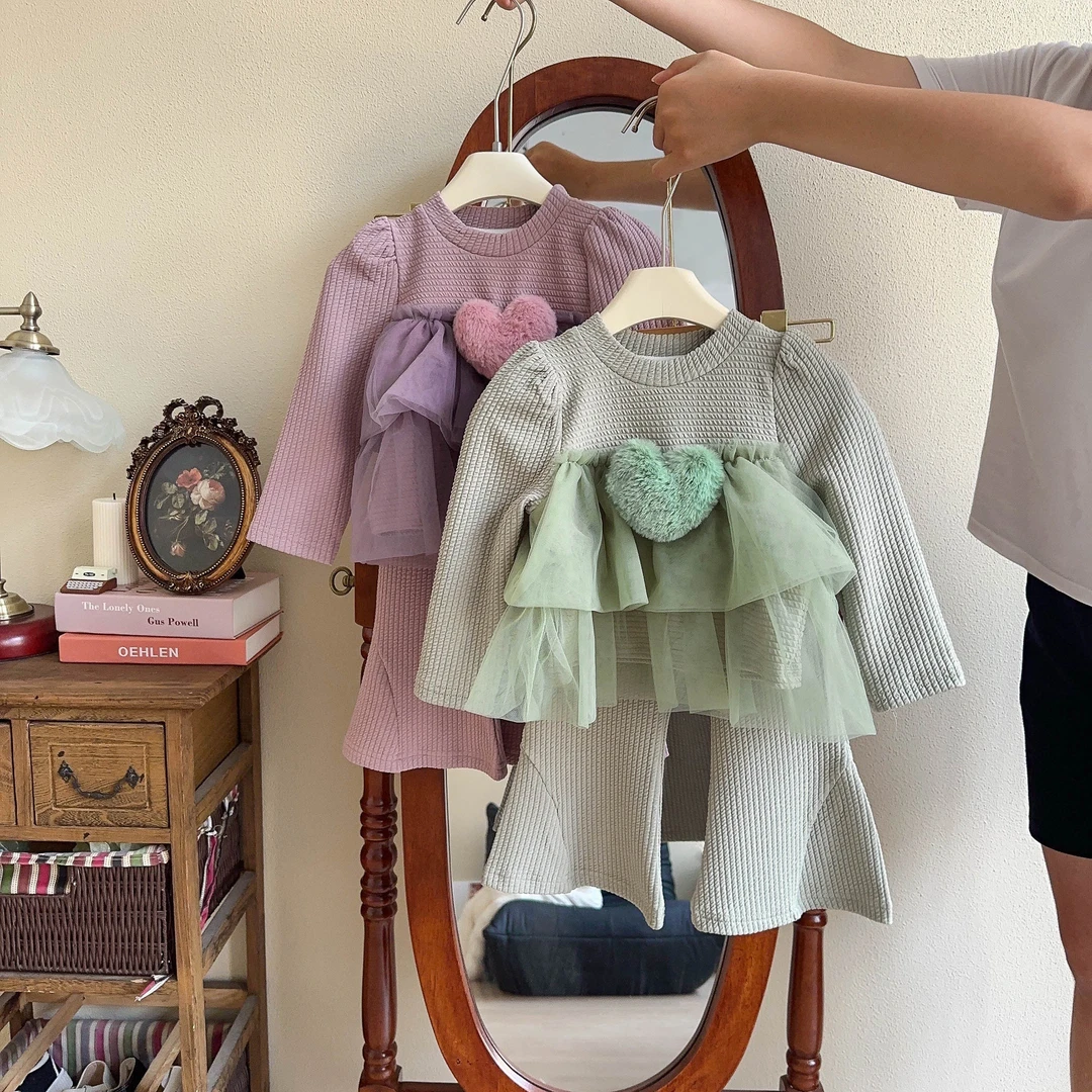 女童套装春秋季新款女孩网纱拼接长袖上衣阔腿裤两件套AQA109