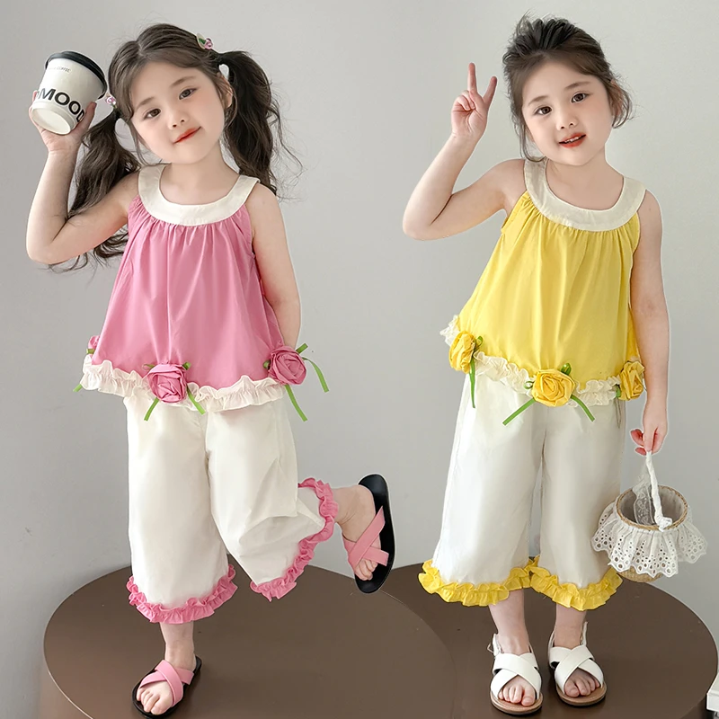 女童夏季套装2025新款儿童花朵背心阔腿裤洋气宝宝韩版无袖两件套