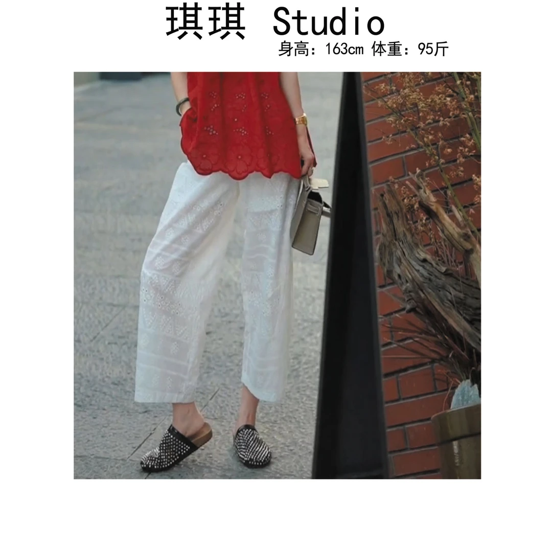 《琪琪家》夏季新款重工设计松紧腰镂空提花显瘦减龄休闲裤2372-CS