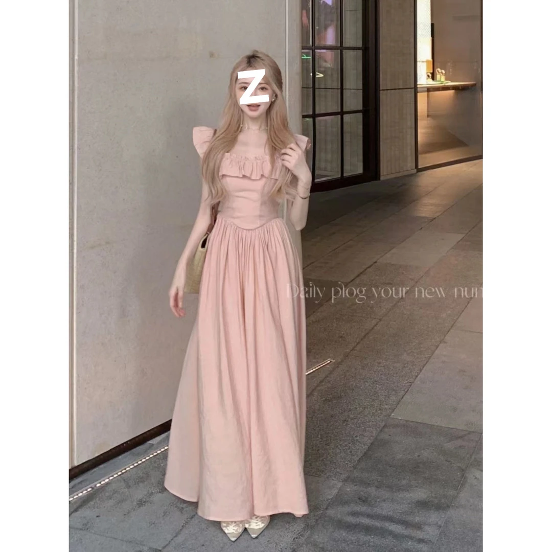 夏季淡粉小飘袖方领荷叶边收腰A字显瘦长裙散发甜美温柔风宛如初