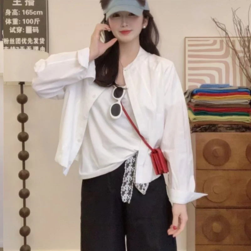 圆领纯色长袖春夏宽松衬衫休闲气质宽松衬衫衬衣秋季时尚