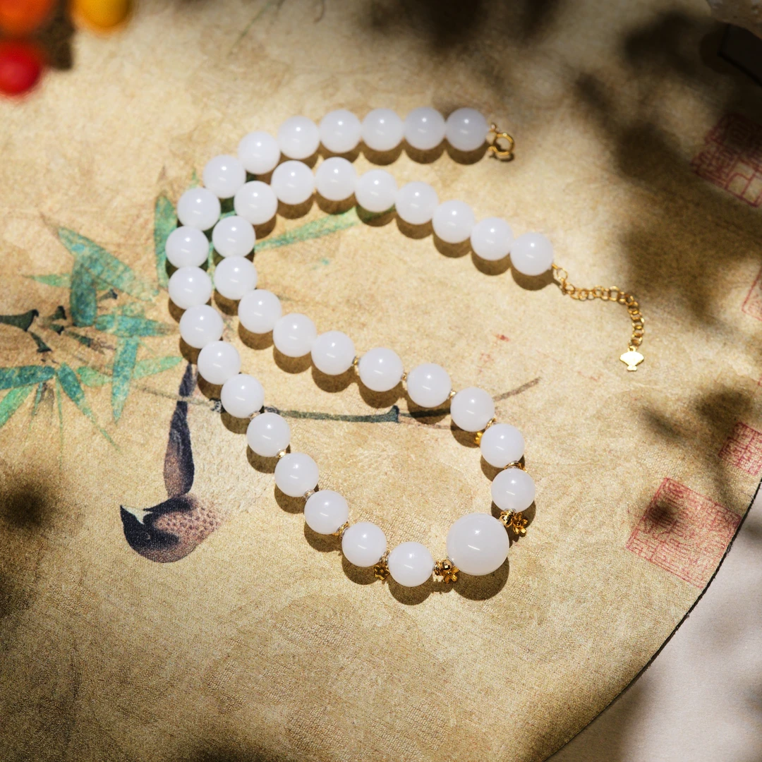 熠云·典藏级和田玉羊脂级老料18K金锁骨链AD1960珠径约10mm