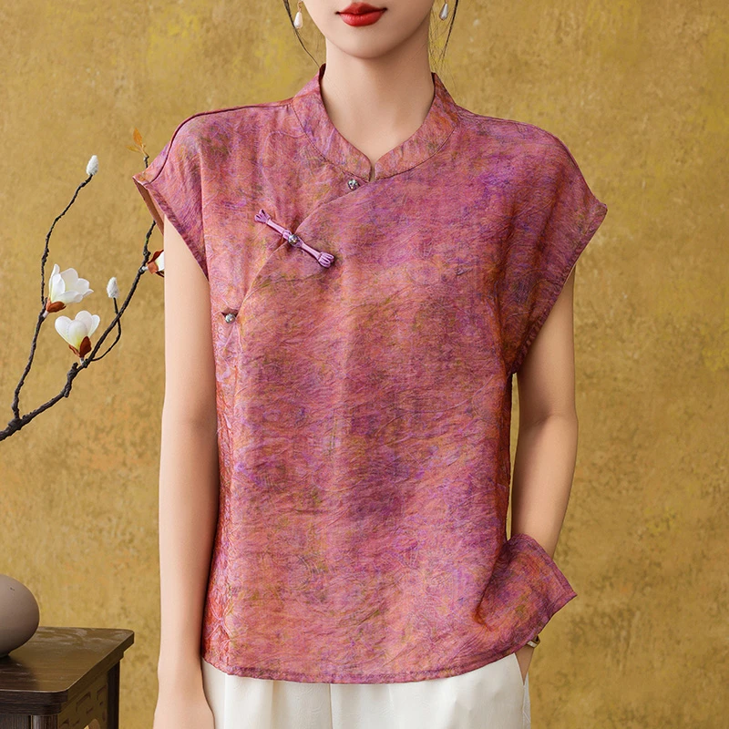 哥弟阿玛施正品夏季新款新中式晕染短袖立领小衫气质时尚显瘦上衣