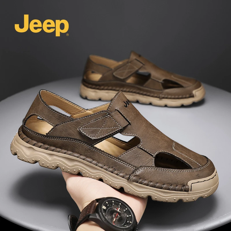 Jeep吉普男式包头凉皮鞋2025夏季新款真皮镂空透气厚底防滑沙滩鞋