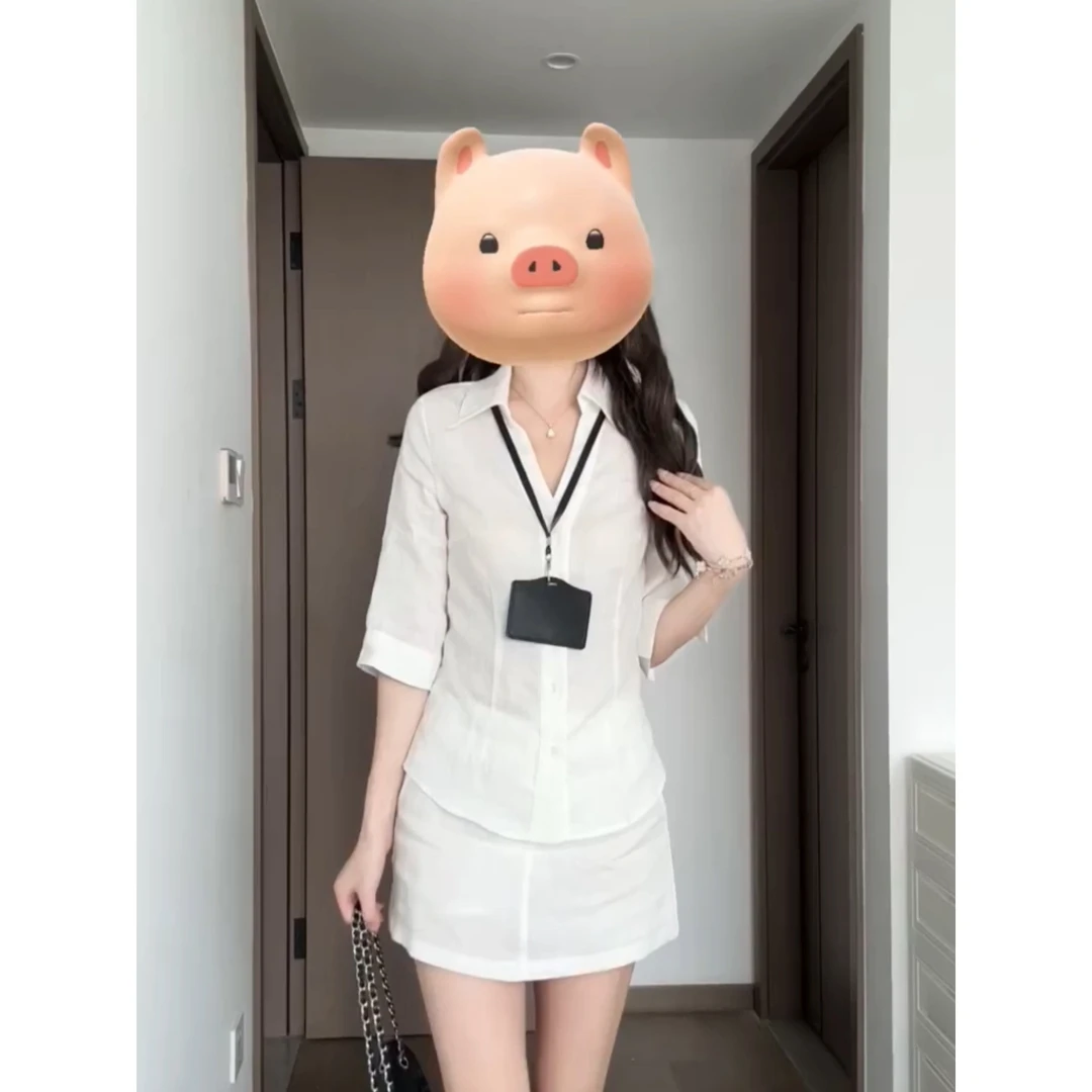 气质百搭时尚套装女2025夏季新款V领修身显瘦衬衫上衣半裙两件套