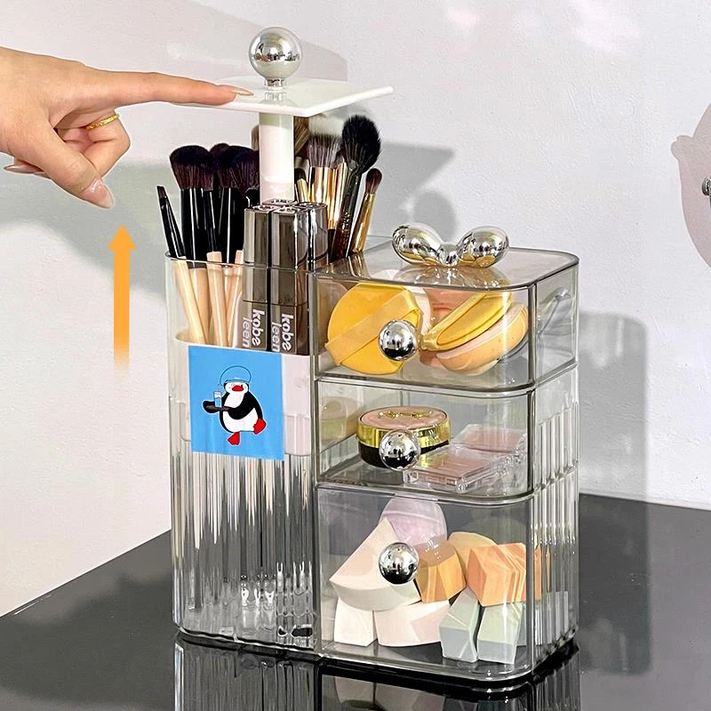 高级感化妆刷筒桌面透明防尘梳妆台口红置物架抽屉式化妆品收纳盒