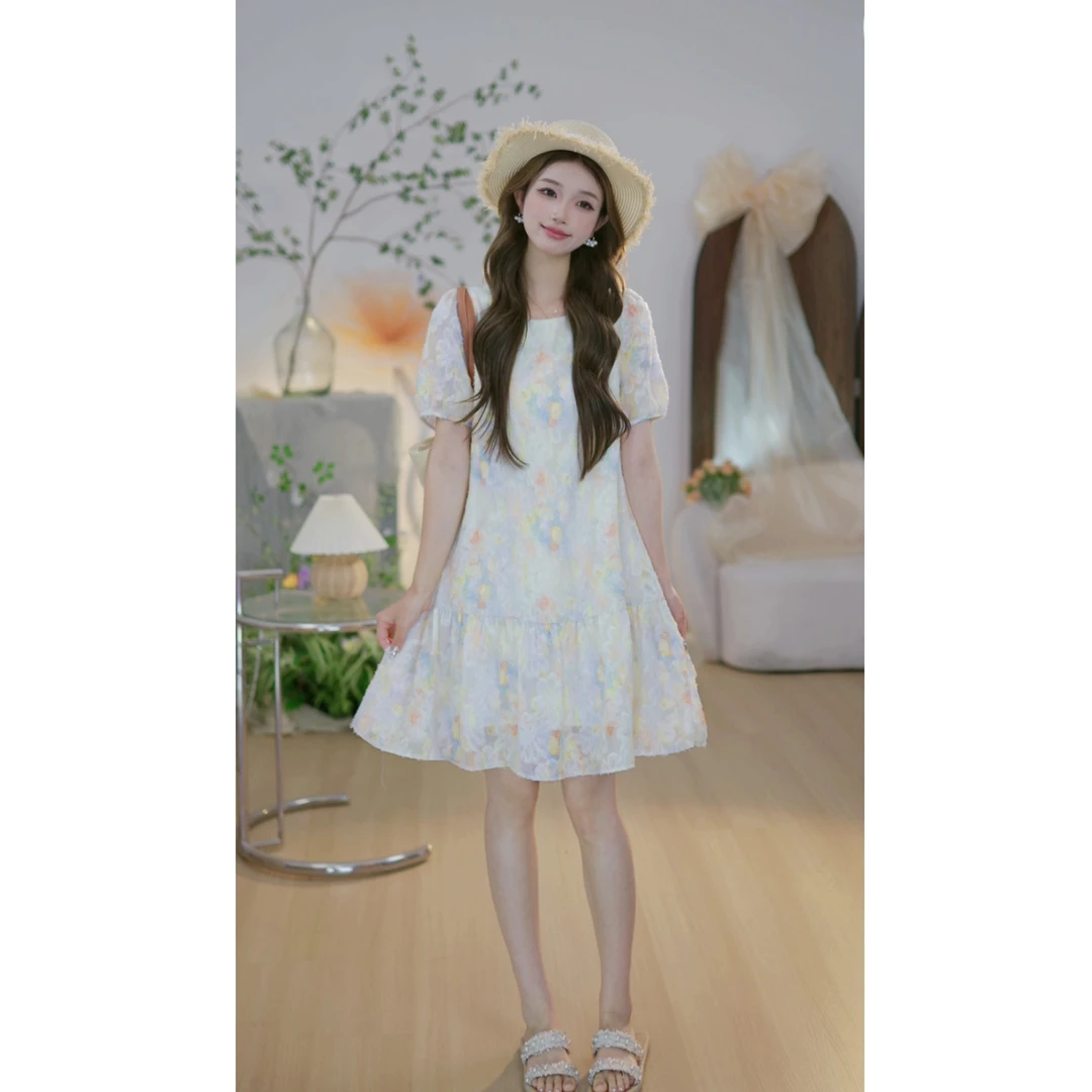 【梦幻仙境A】拼接慵懒风梦幻晕染短袖连衣裙法式显瘦遮肉中长裙