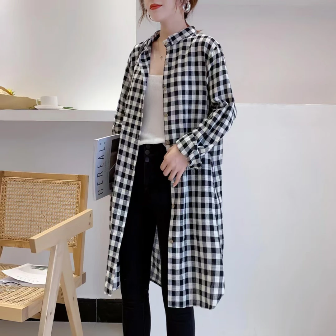 【橘猫美依】亚麻中长款开衫格子衫时尚洋气761